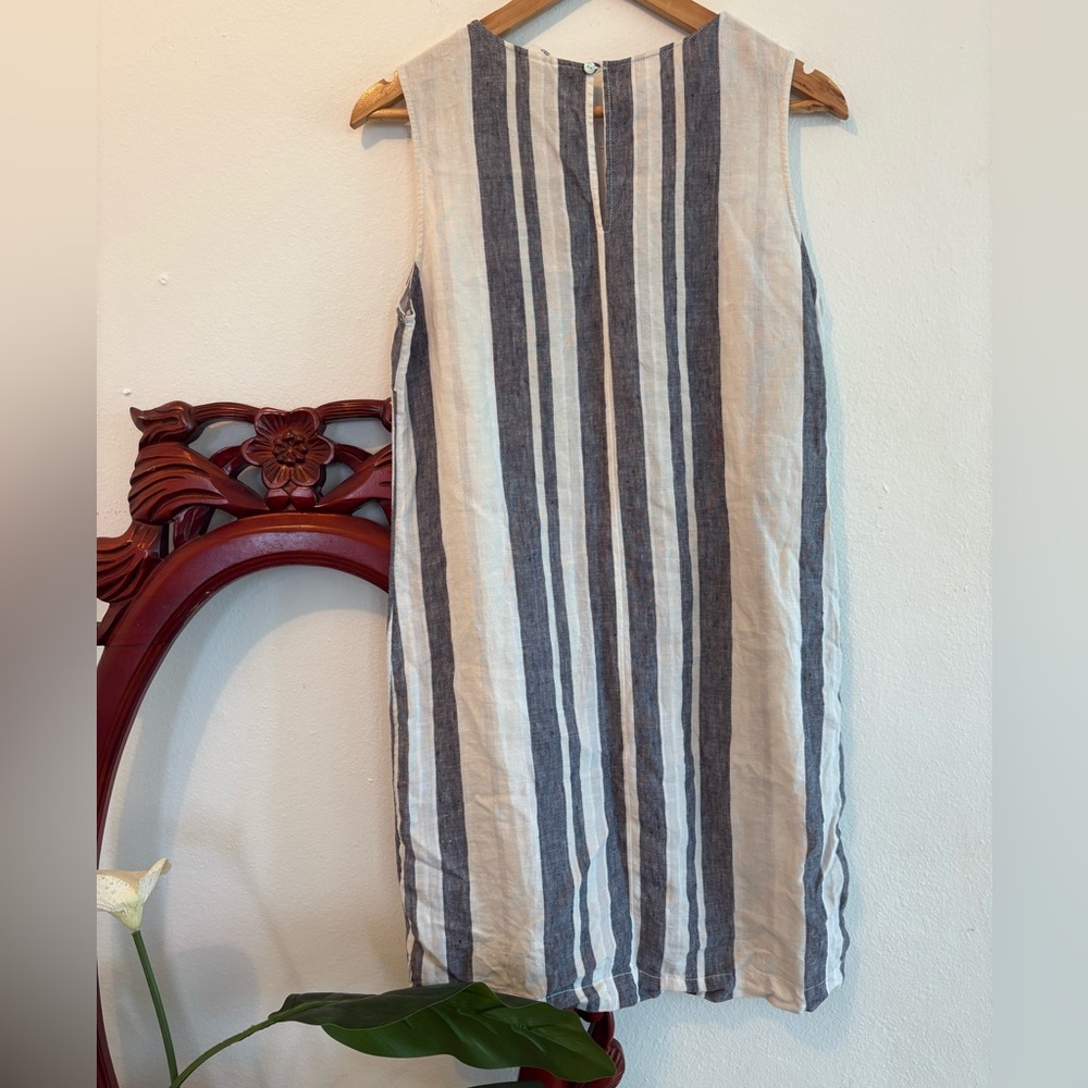 100% Linen Artisan Ny Blue and White Striped Sleeveless Casual Shift Midi Dress - Picture 3 of 3